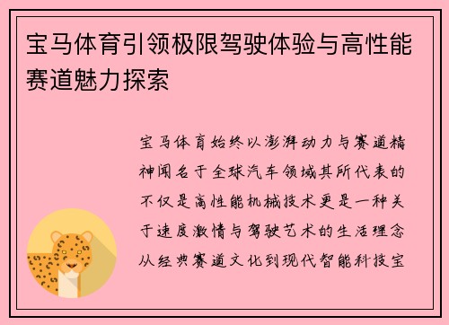 宝马体育引领极限驾驶体验与高性能赛道魅力探索 宝马体育引领极限驾驶体验与高性能赛道魅力探索